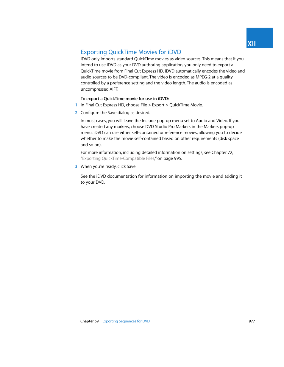 Exporting quicktime movies for idvd, P. 977) | Apple Final Cut Express HD User Manual | Page 977 / 1153