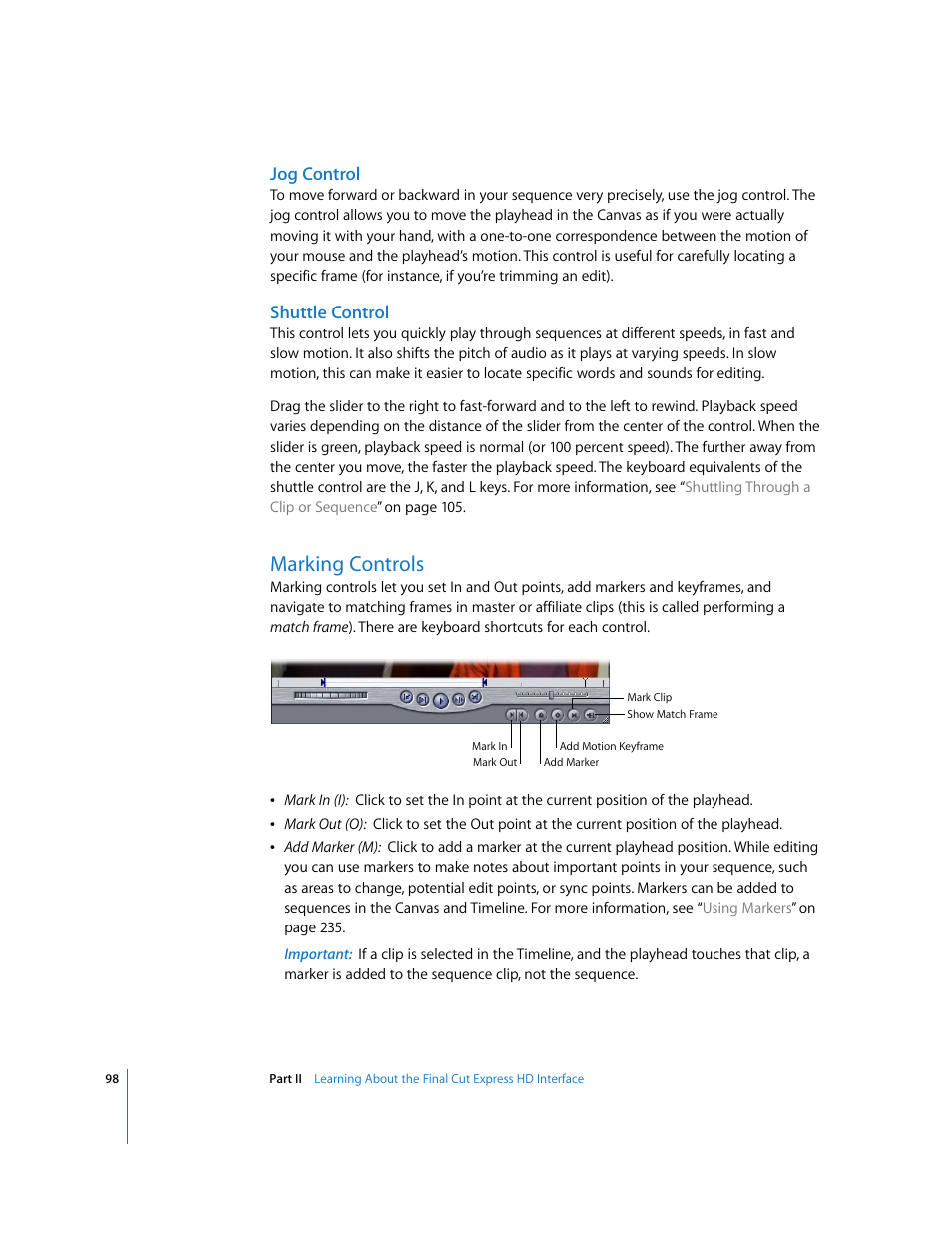 Jog control, Shuttle control, Marking controls | P. 98) | Apple Final Cut Express HD User Manual | Page 98 / 1153