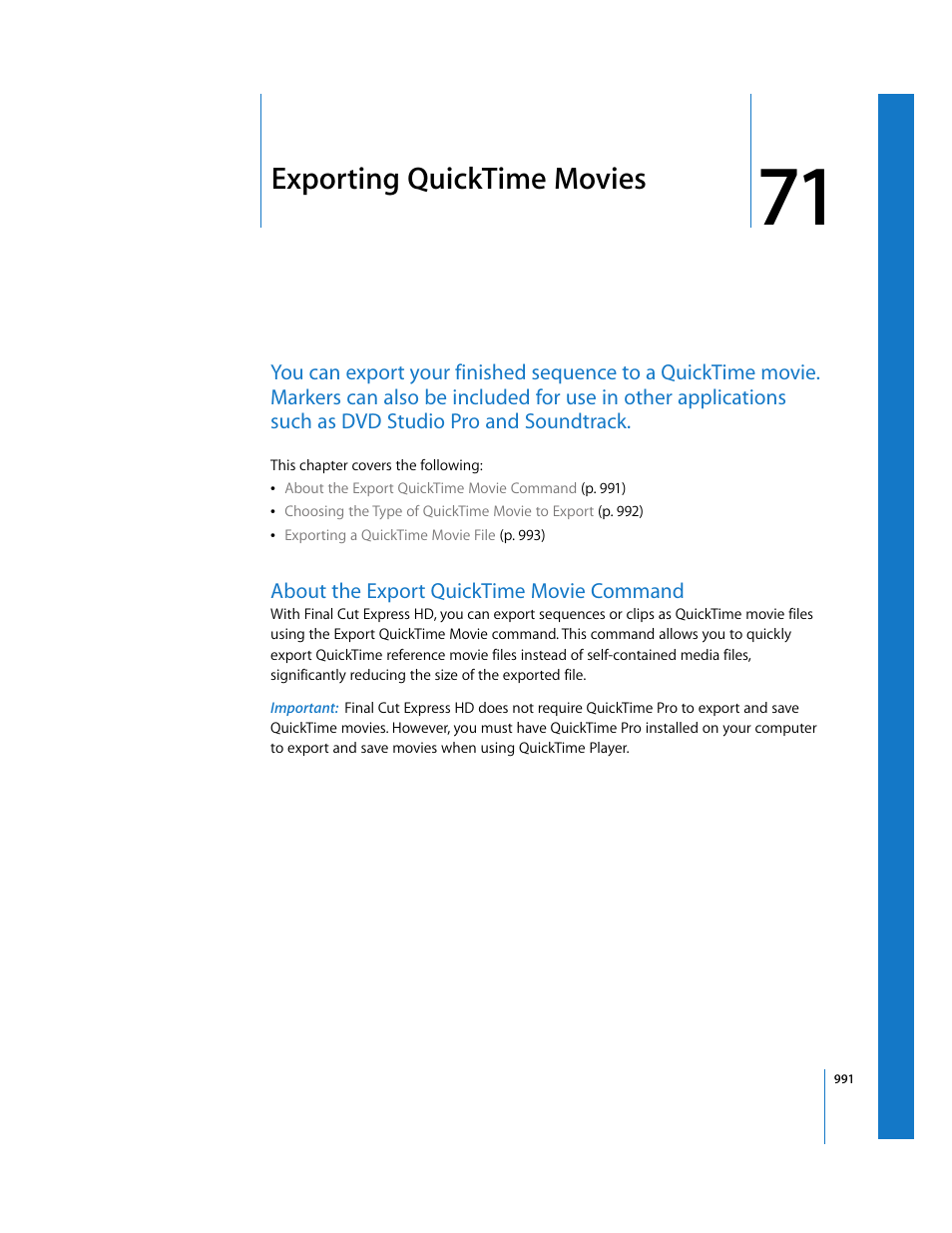 Exporting quicktime movies, About the export quicktime movie command, Chapter 71 | Apple Final Cut Express HD User Manual | Page 991 / 1153