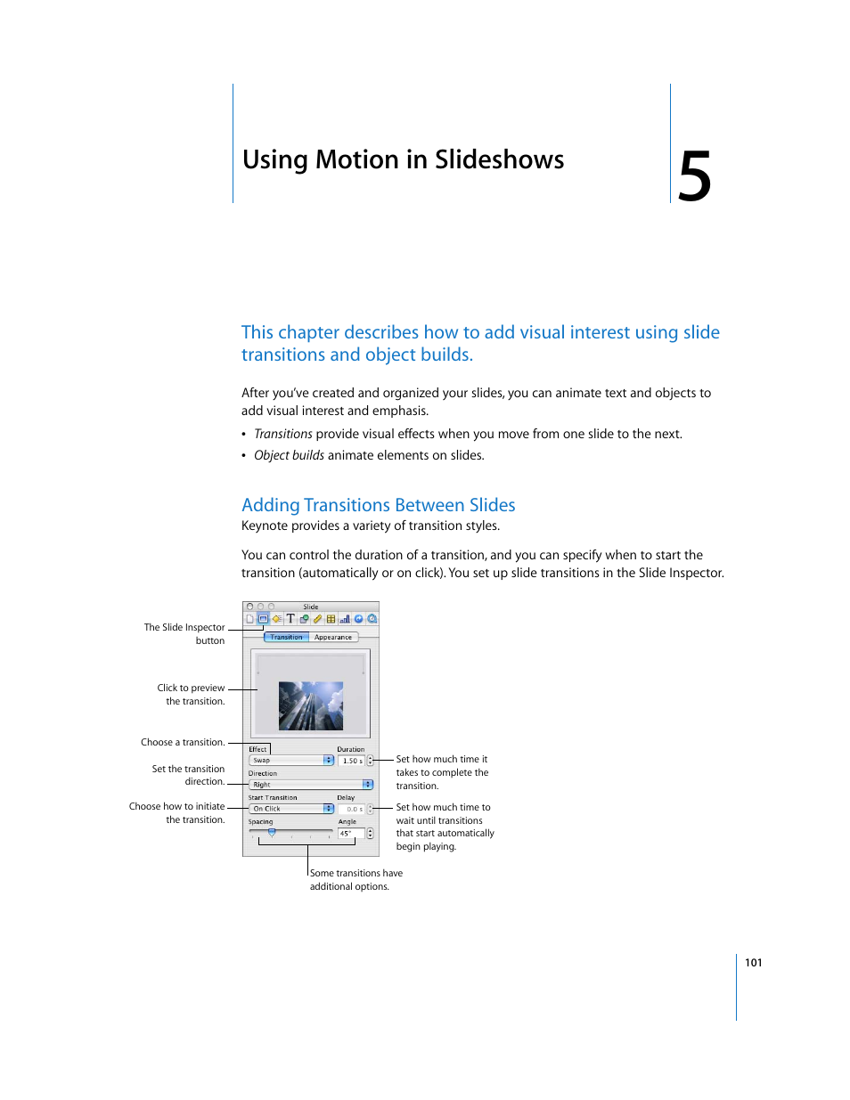 Using motion in slideshows, Adding transitions between slides, Chapter 5 | Apple Keynote '08 User Manual | Page 101 / 204