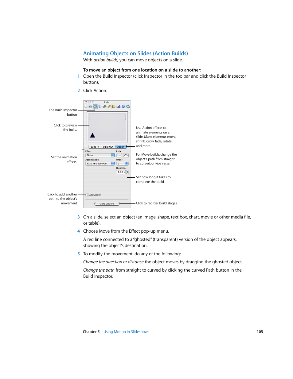 Animating objects on slides (action builds) | Apple Keynote '08 User Manual | Page 105 / 204