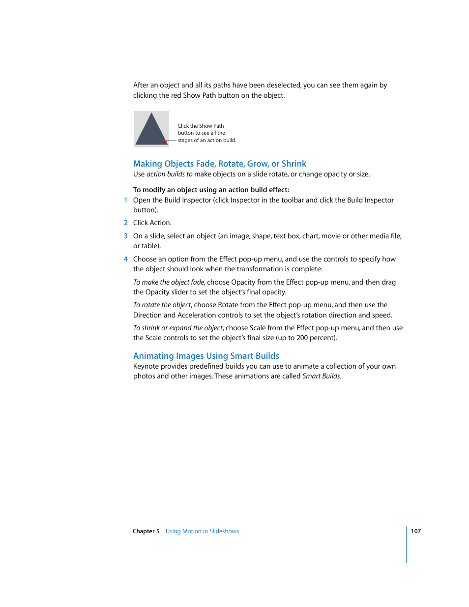Making objects fade, rotate, grow, or shrink, Animating images using smart builds | Apple Keynote '08 User Manual | Page 107 / 204