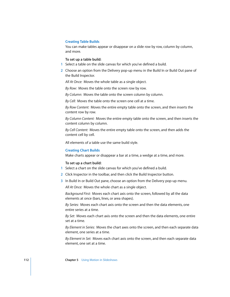 Creating table builds, Creating chart builds | Apple Keynote '08 User Manual | Page 112 / 204