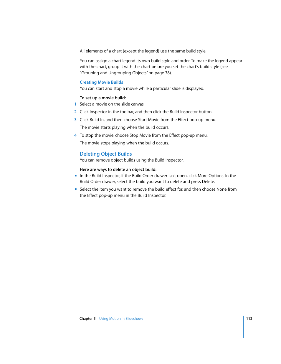 Creating movie builds, Deleting object builds | Apple Keynote '08 User Manual | Page 113 / 204