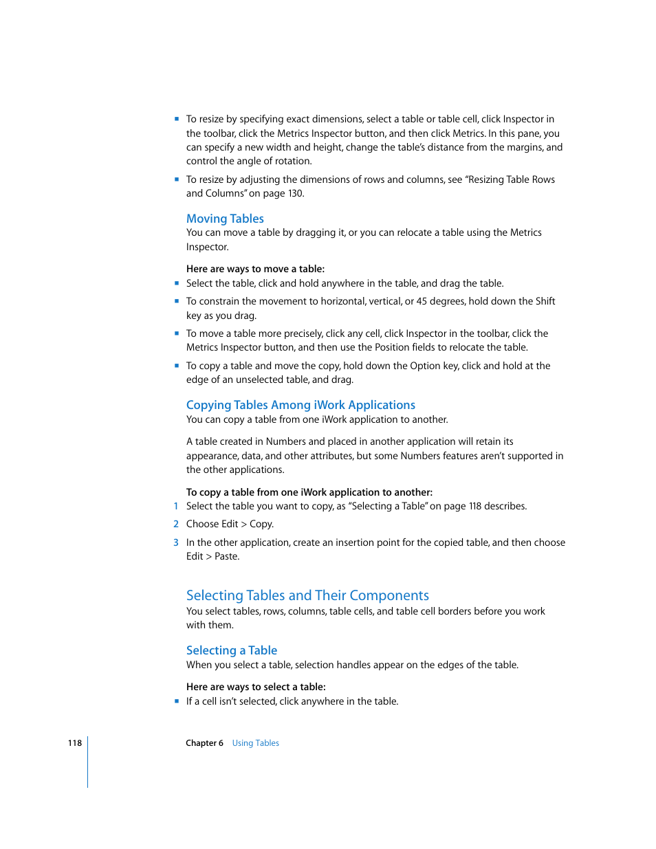 Moving tables, Copying tables among iwork applications, Selecting tables and their components | Selecting a table | Apple Keynote '08 User Manual | Page 118 / 204
