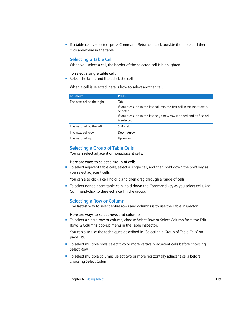 Selecting a table cell, Selecting a group of table cells, Selecting a row or column | Apple Keynote '08 User Manual | Page 119 / 204