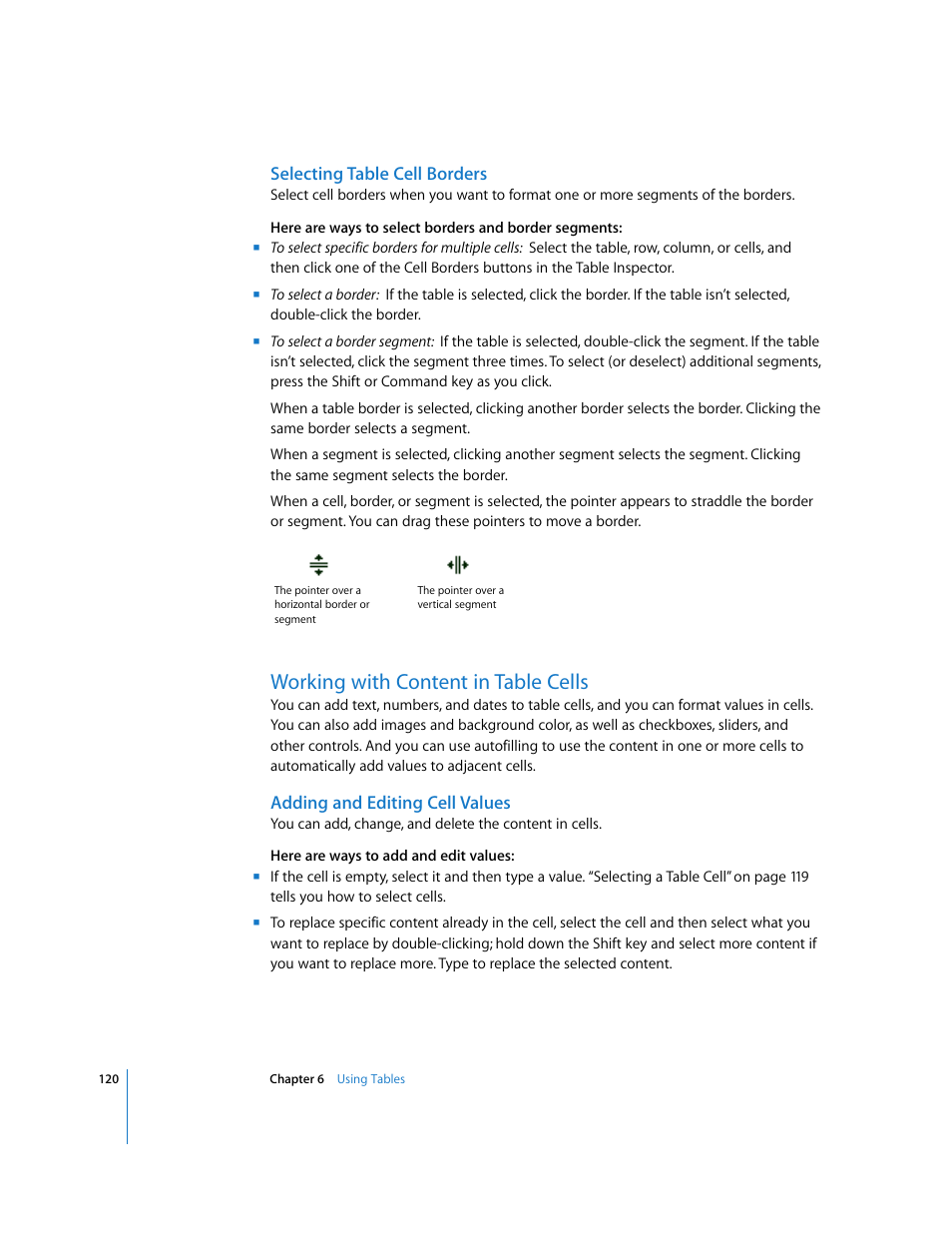 Selecting table cell borders, Working with content in table cells, Adding and editing cell values | Apple Keynote '08 User Manual | Page 120 / 204