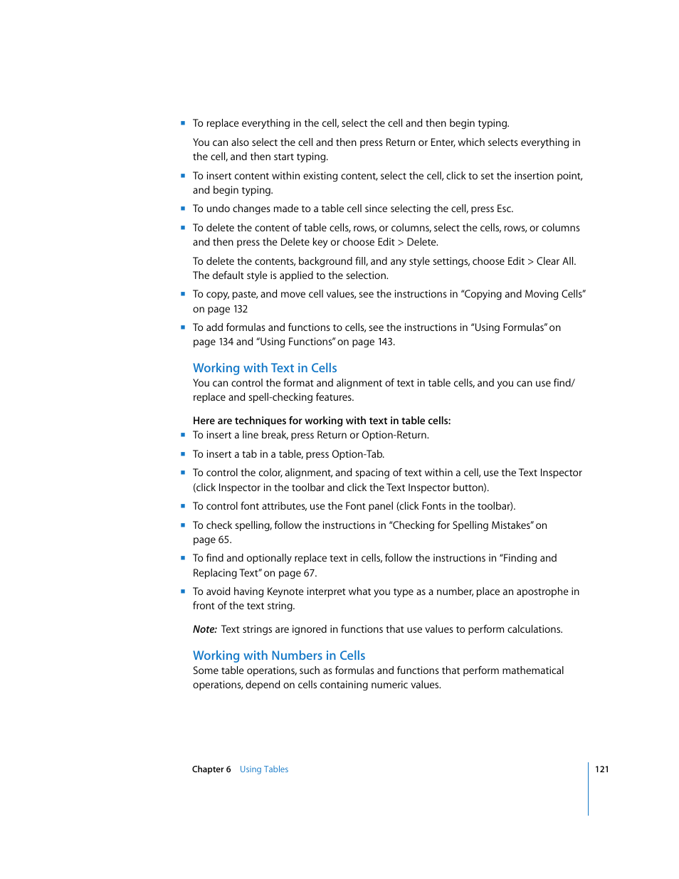 Working with text in cells, Working with numbers in cells | Apple Keynote '08 User Manual | Page 121 / 204