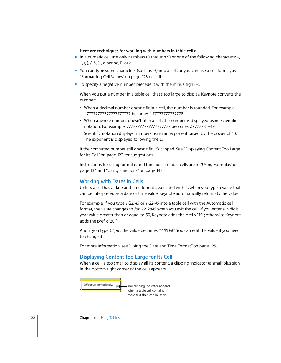 Working with dates in cells, Displaying content too large for its cell | Apple Keynote '08 User Manual | Page 122 / 204