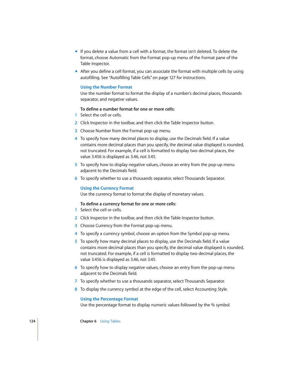 Using the number format, Using the currency format, Using the percentage format | Apple Keynote '08 User Manual | Page 124 / 204