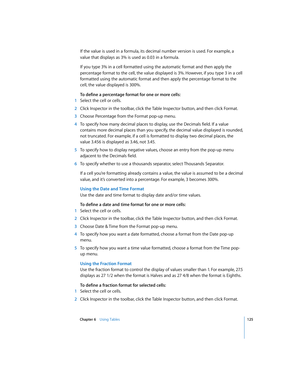 Using the date and time format, Using the fraction format | Apple Keynote '08 User Manual | Page 125 / 204