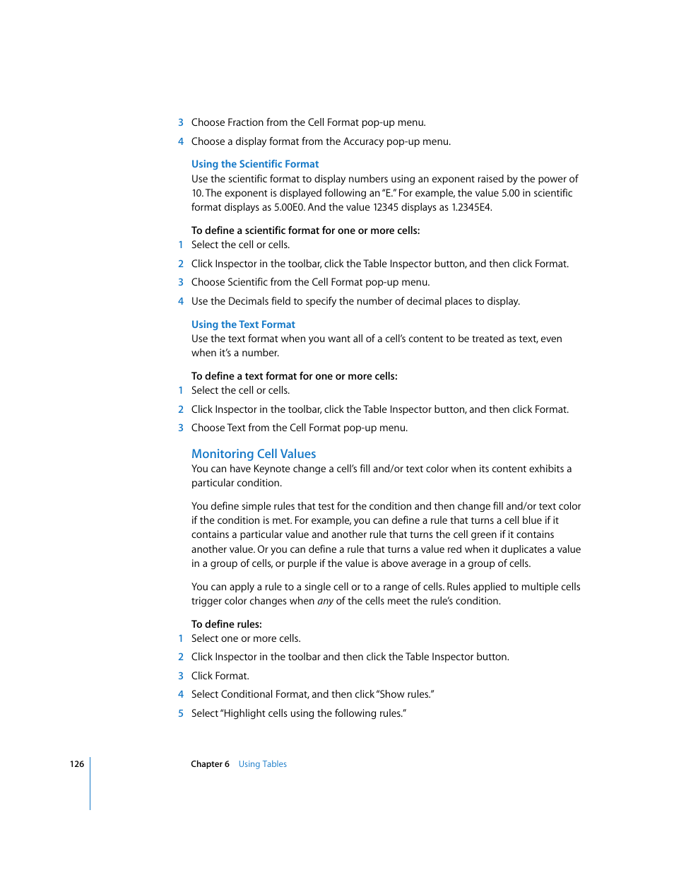 Using the scientific format, Using the text format, Monitoring cell values | Apple Keynote '08 User Manual | Page 126 / 204
