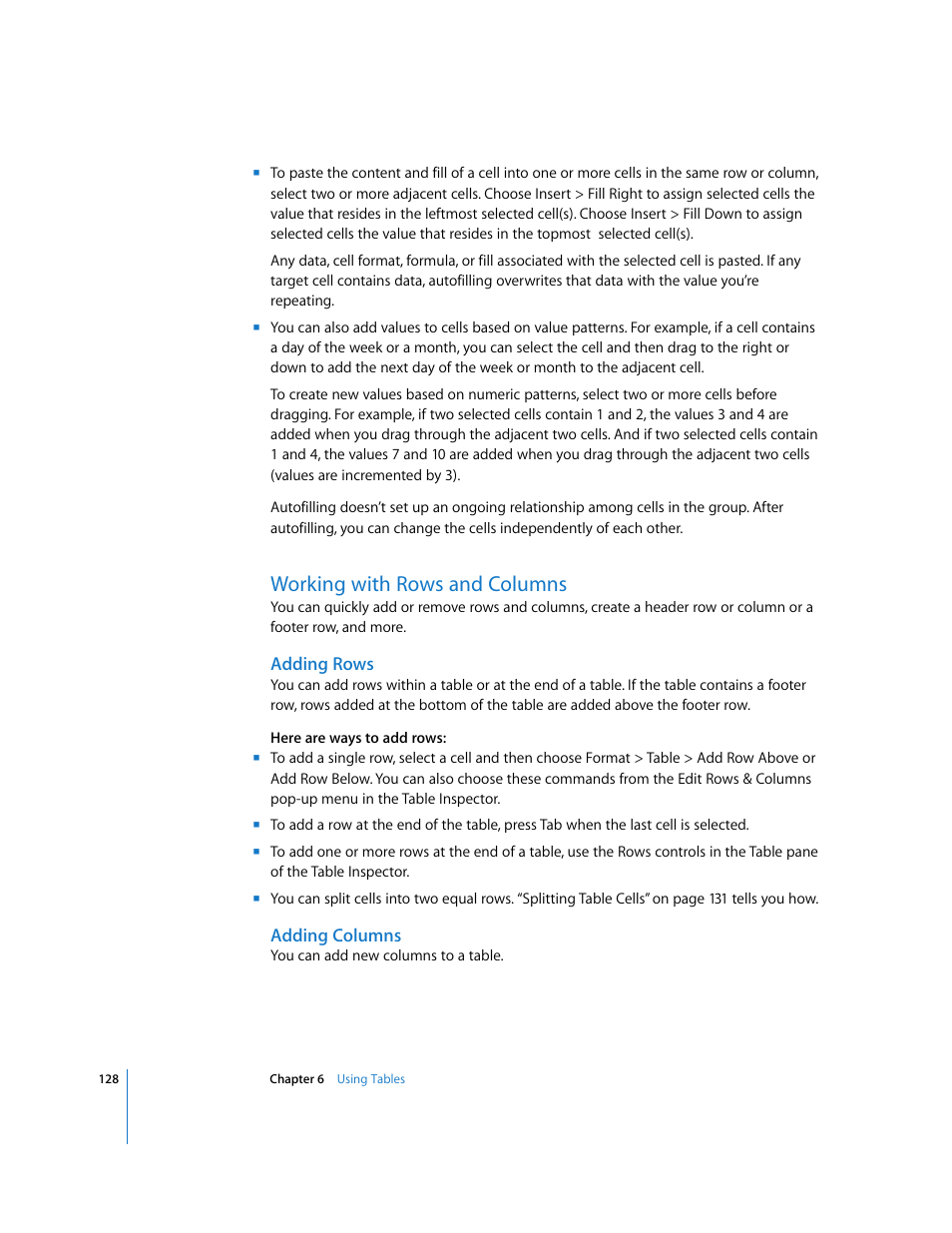 Working with rows and columns, Adding rows, Adding columns | Apple Keynote '08 User Manual | Page 128 / 204