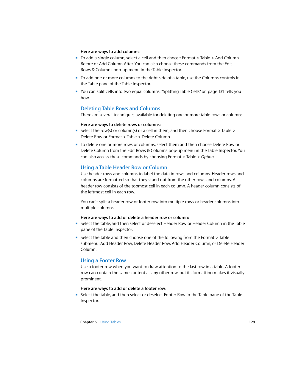 Deleting table rows and columns, Using a table header row or column, Using a footer row | Apple Keynote '08 User Manual | Page 129 / 204