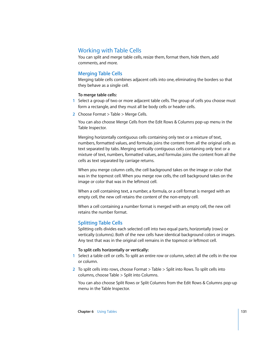 Working with table cells, Merging table cells, Splitting table cells | Apple Keynote '08 User Manual | Page 131 / 204