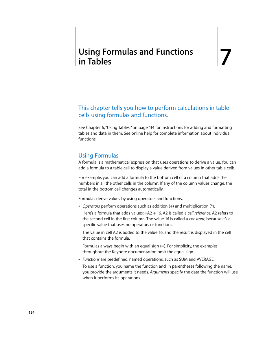 Using formulas and functions intables, Using formulas, Chapter 7 | Using formulas and functions in tables | Apple Keynote '08 User Manual | Page 134 / 204