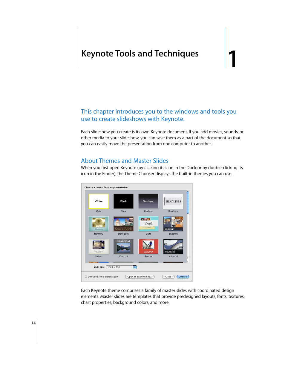Keynote tools and techniques, About themes and master slides, Chapter 1 | Apple Keynote '08 User Manual | Page 14 / 204