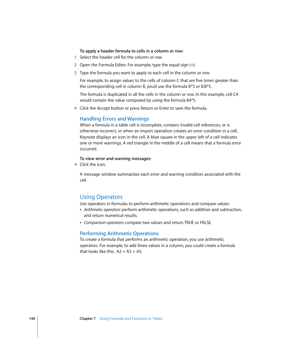 Handling errors and warnings, Using operators, Performing arithmetic operations | Apple Keynote '08 User Manual | Page 140 / 204