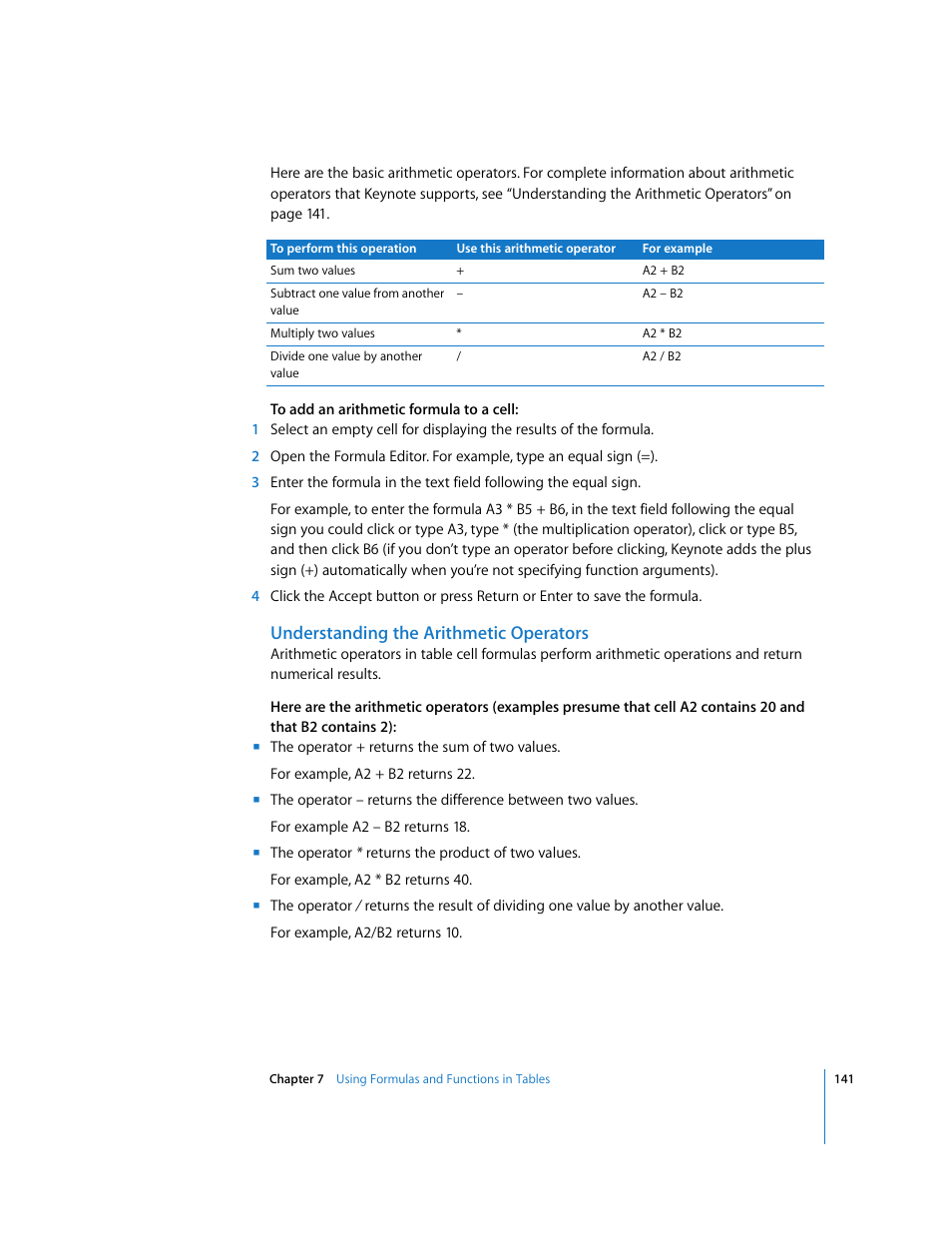 Understanding the arithmetic operators | Apple Keynote '08 User Manual | Page 141 / 204
