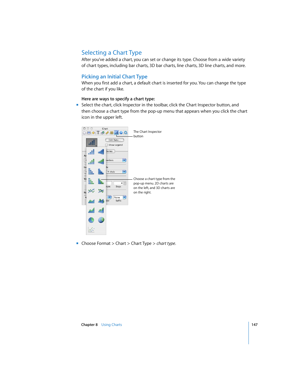 Selecting a chart type, Picking an initial chart type | Apple Keynote '08 User Manual | Page 147 / 204