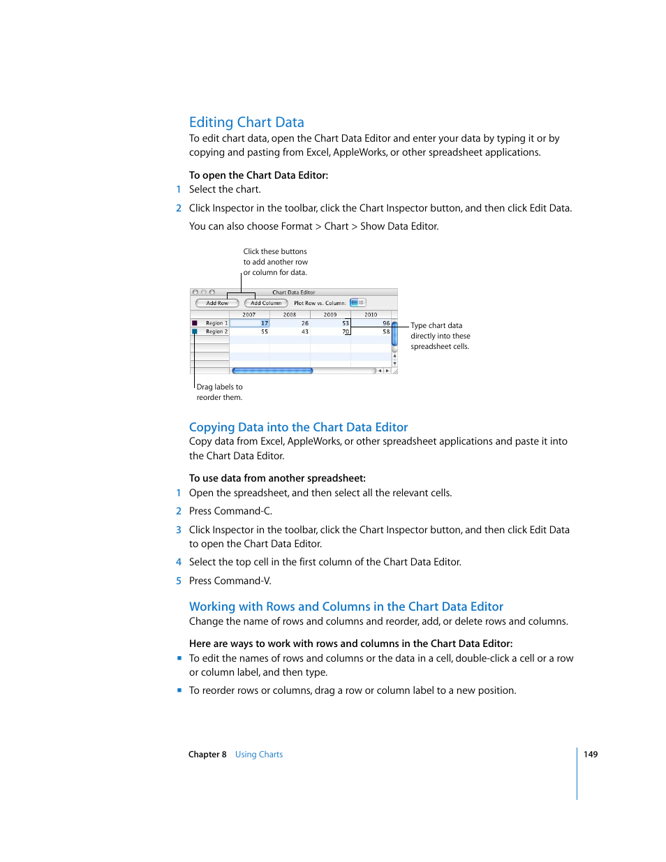 Editing chart data, Copying data into the chart data editor | Apple Keynote '08 User Manual | Page 149 / 204