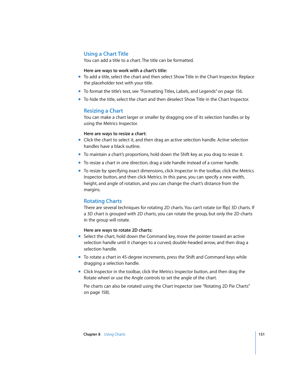 Using a chart title, Resizing a chart, Rotating charts | Apple Keynote '08 User Manual | Page 151 / 204