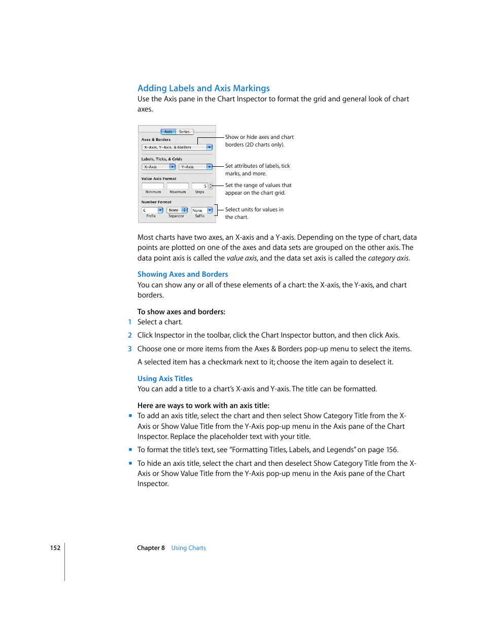 Adding labels and axis markings, Showing axes and borders, Using axis titles | Apple Keynote '08 User Manual | Page 152 / 204