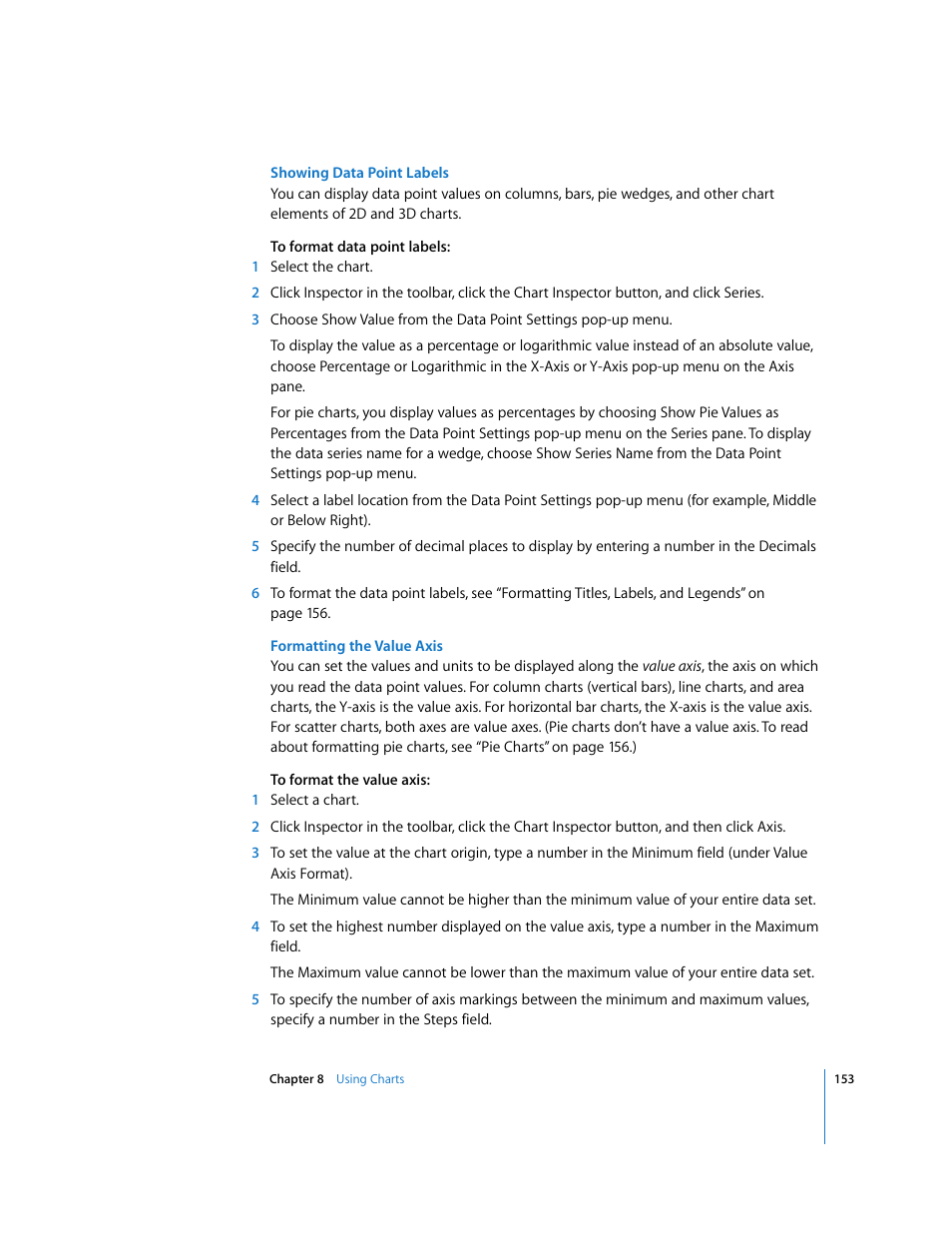 Showing data point labels, Formatting the value axis | Apple Keynote '08 User Manual | Page 153 / 204