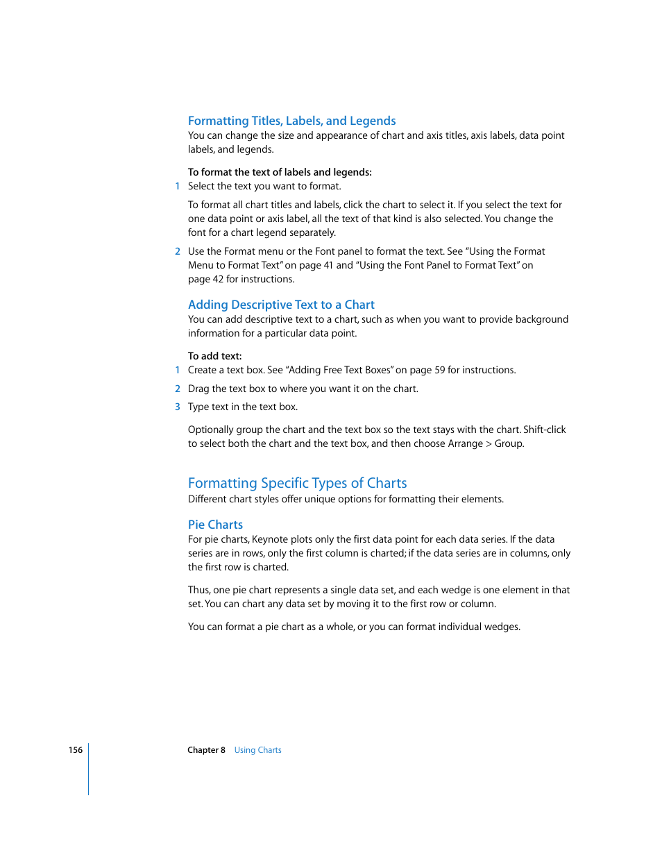 Formatting titles, labels, and legends, Adding descriptive text to a chart, Formatting specific types of charts | Pie charts | Apple Keynote '08 User Manual | Page 156 / 204