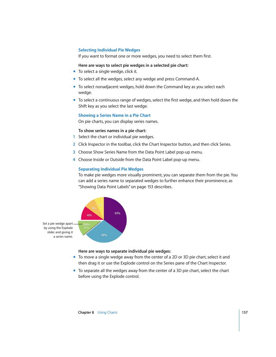Selecting individual pie wedges, Showing a series name in a pie chart, Separating individual pie wedges | Apple Keynote '08 User Manual | Page 157 / 204