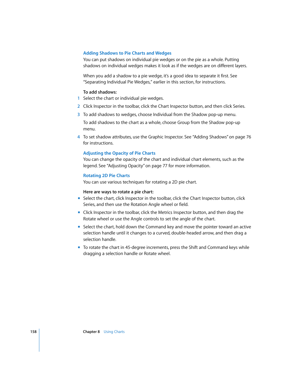Adding shadows to pie charts and wedges, Adjusting the opacity of pie charts, Rotating 2d pie charts | Apple Keynote '08 User Manual | Page 158 / 204