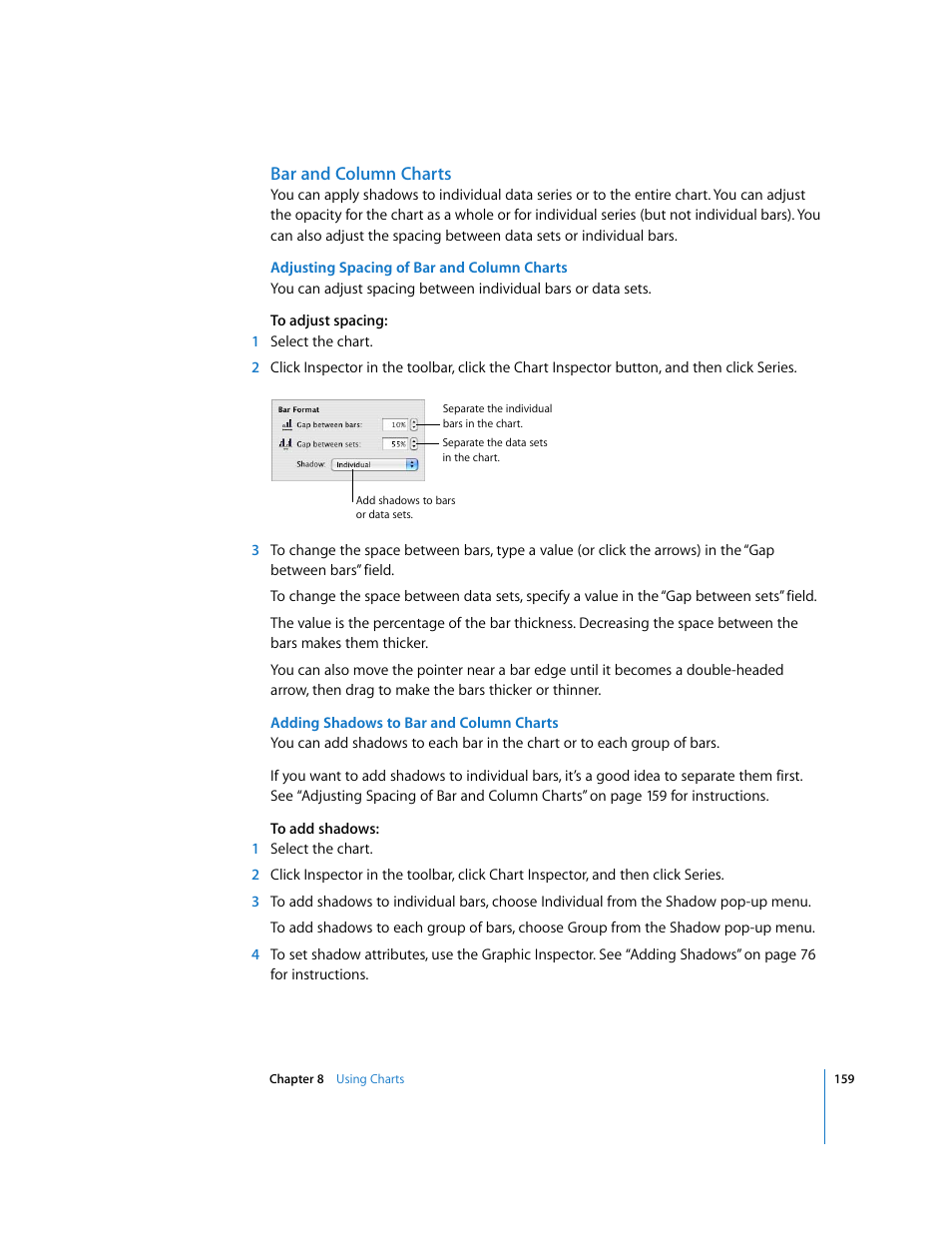 Bar and column charts, Adjusting spacing of bar and column charts, Adding shadows to bar and column charts | Apple Keynote '08 User Manual | Page 159 / 204