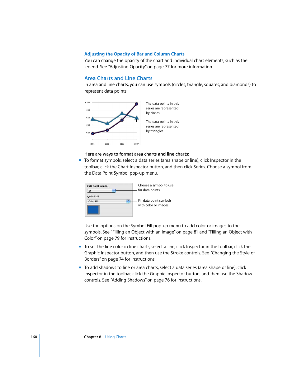 Adjusting the opacity of bar and column charts, Area charts and line charts | Apple Keynote '08 User Manual | Page 160 / 204