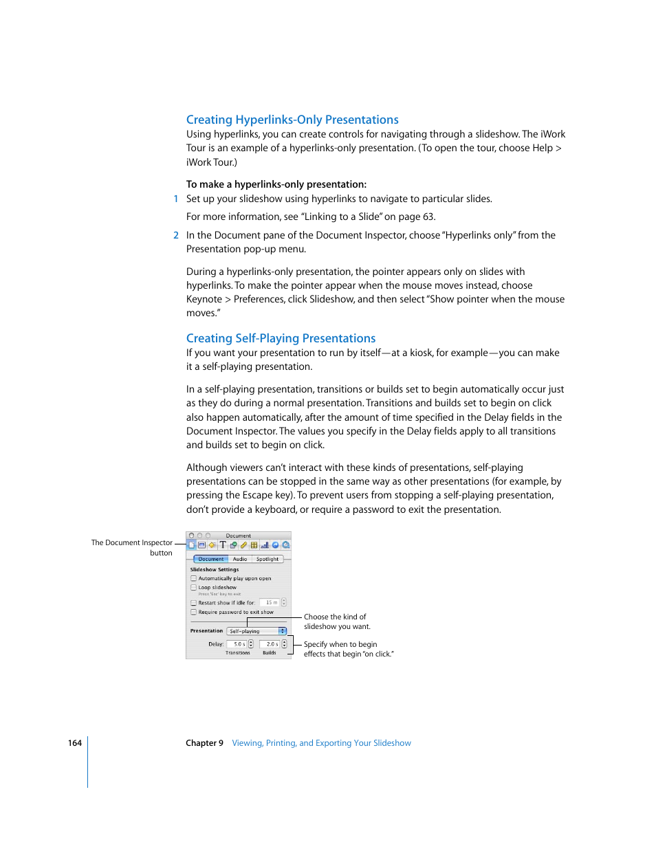 Creating hyperlinks-only presentations, Creating self-playing presentations | Apple Keynote '08 User Manual | Page 164 / 204