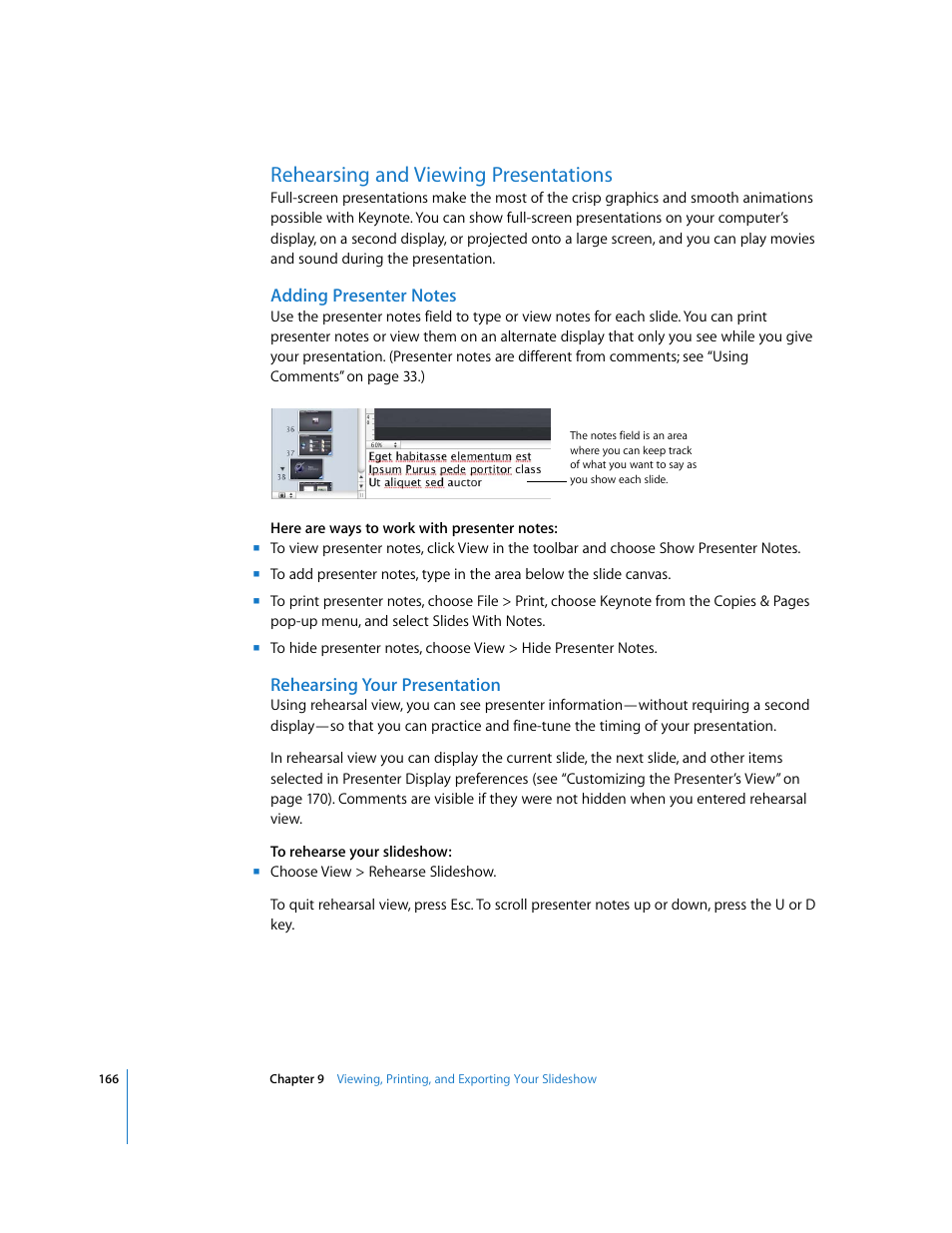 Rehearsing and viewing presentations, Adding presenter notes, Rehearsing your presentation | Apple Keynote '08 User Manual | Page 166 / 204