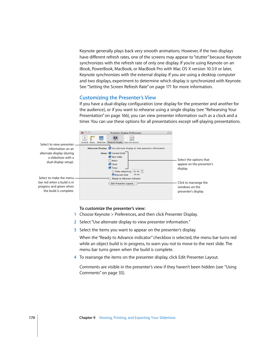 Customizing the presenter’s view | Apple Keynote '08 User Manual | Page 170 / 204