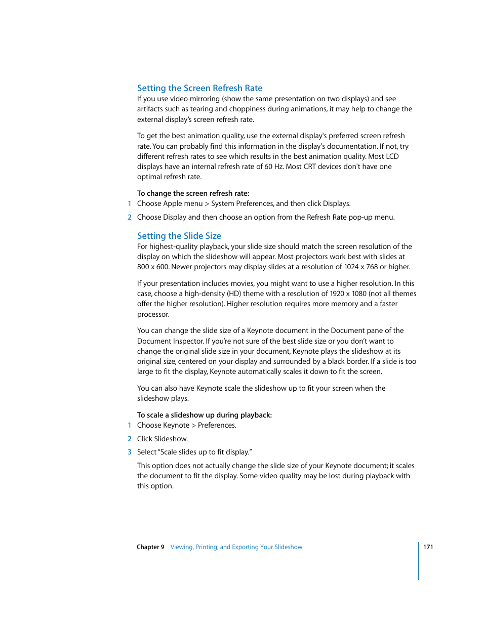 Setting the screen refresh rate, Setting the slide size | Apple Keynote '08 User Manual | Page 171 / 204