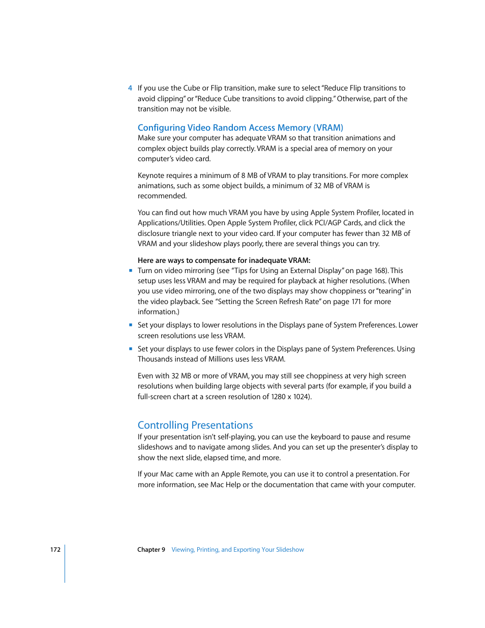 Configuring video random access memory (vram), Controlling presentations | Apple Keynote '08 User Manual | Page 172 / 204
