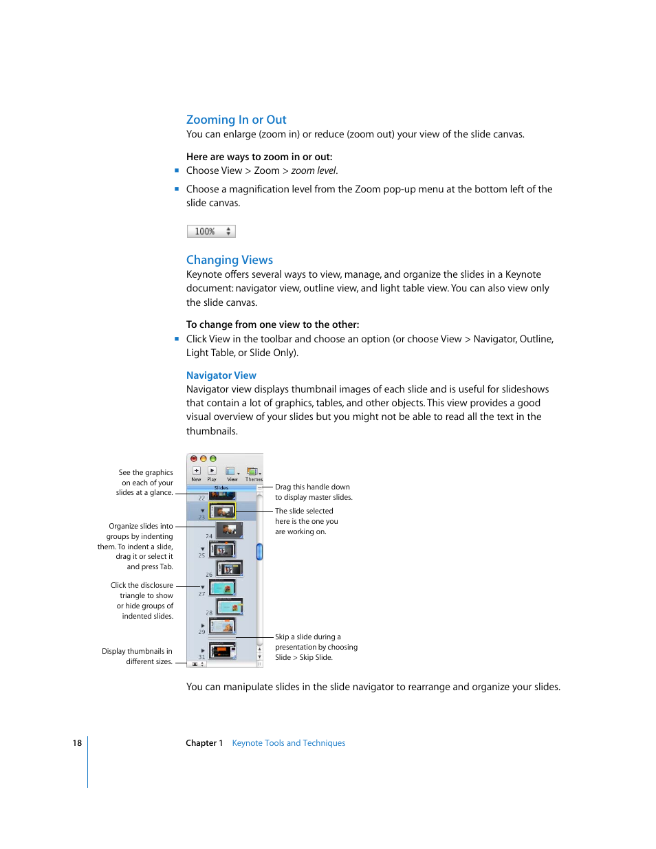 Zooming in or out, Changing views, Navigator view | Apple Keynote '08 User Manual | Page 18 / 204