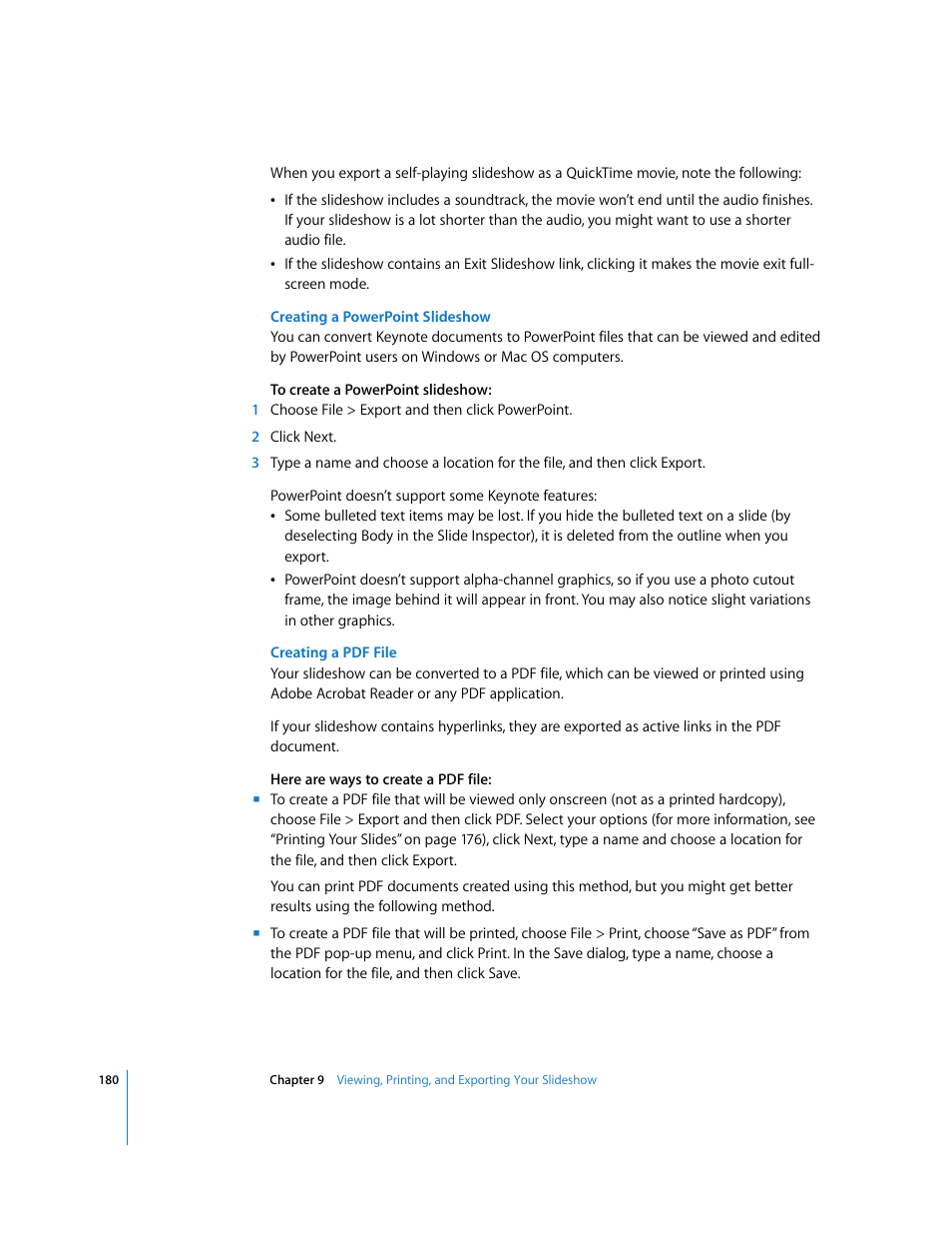 Creating a powerpoint slideshow, Creating a pdf file | Apple Keynote '08 User Manual | Page 180 / 204