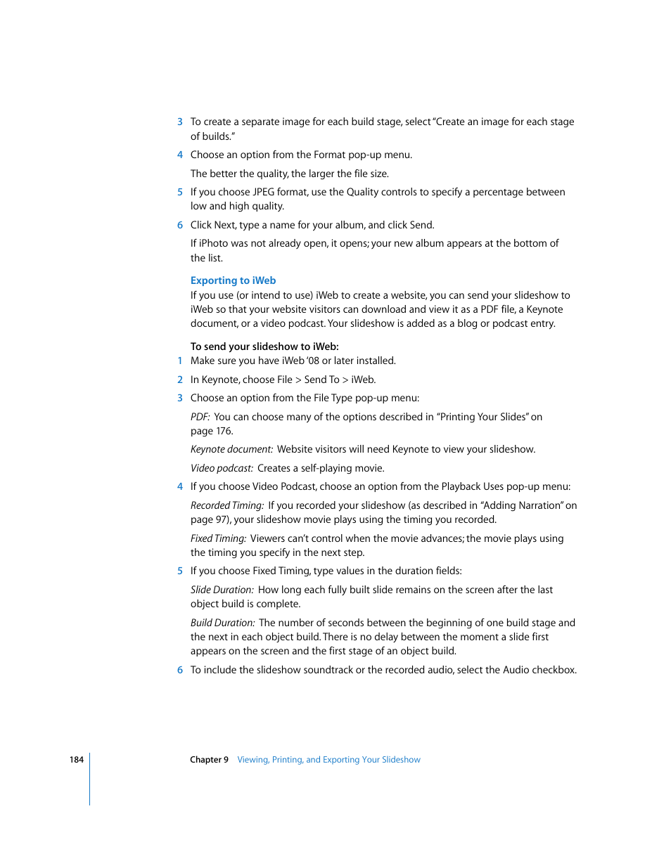 Exporting to iweb | Apple Keynote '08 User Manual | Page 184 / 204
