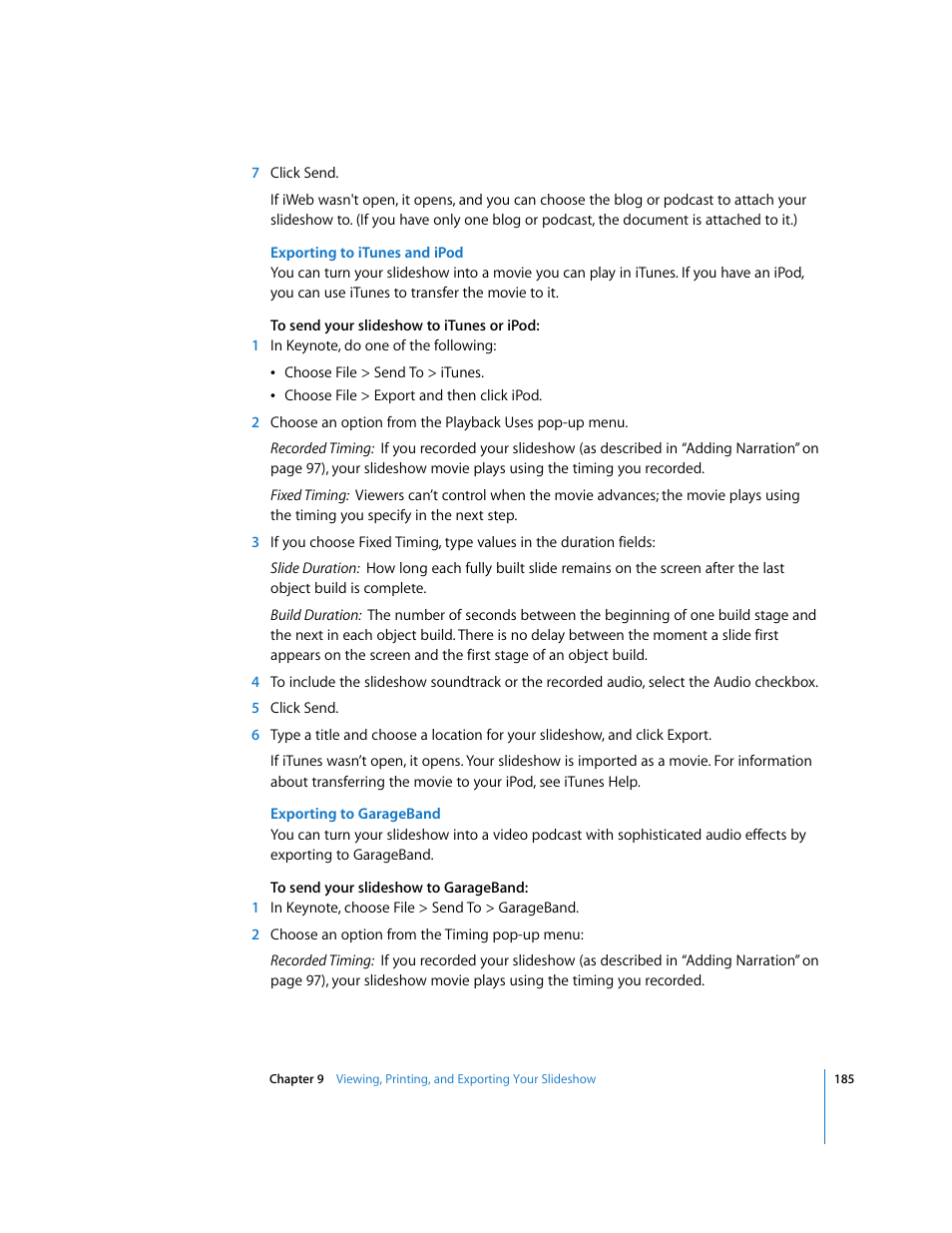 Exporting to itunes and ipod, Exporting to garageband | Apple Keynote '08 User Manual | Page 185 / 204