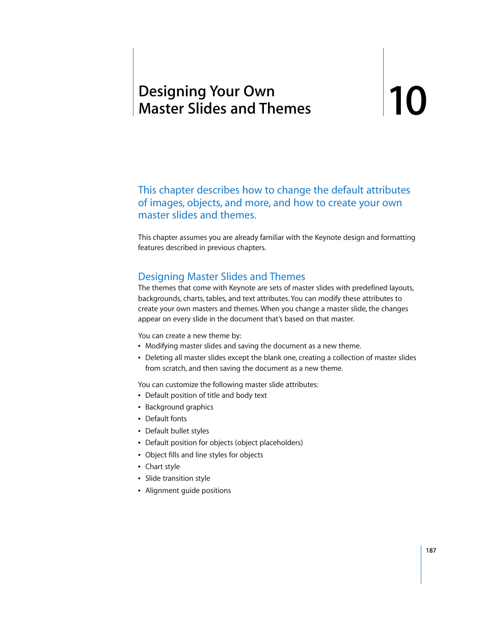 Designing your own masterslidesand themes, Designing master slides and themes, Chapter 10 | Designing your own master slides and themes | Apple Keynote '08 User Manual | Page 187 / 204