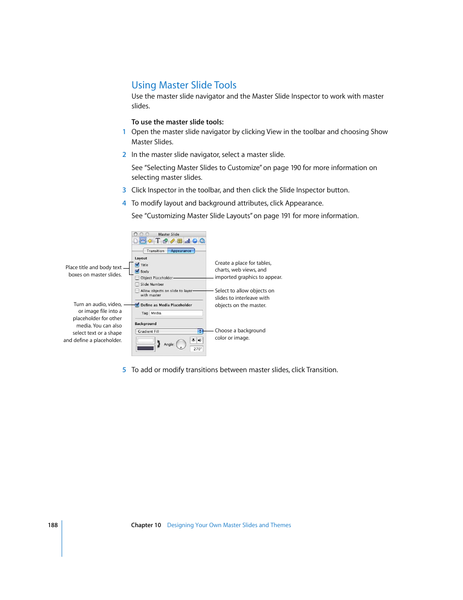Using master slide tools | Apple Keynote '08 User Manual | Page 188 / 204