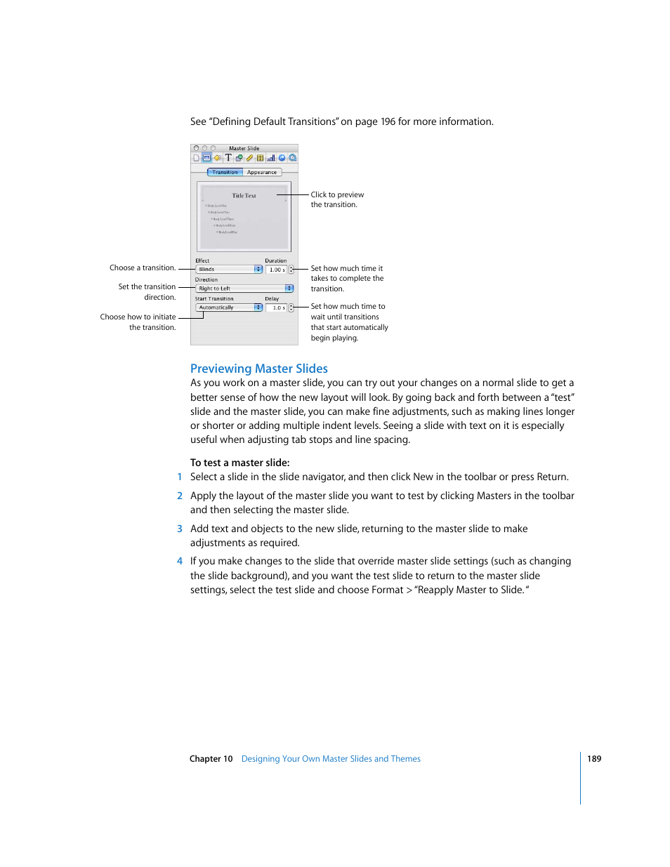 Previewing master slides | Apple Keynote '08 User Manual | Page 189 / 204