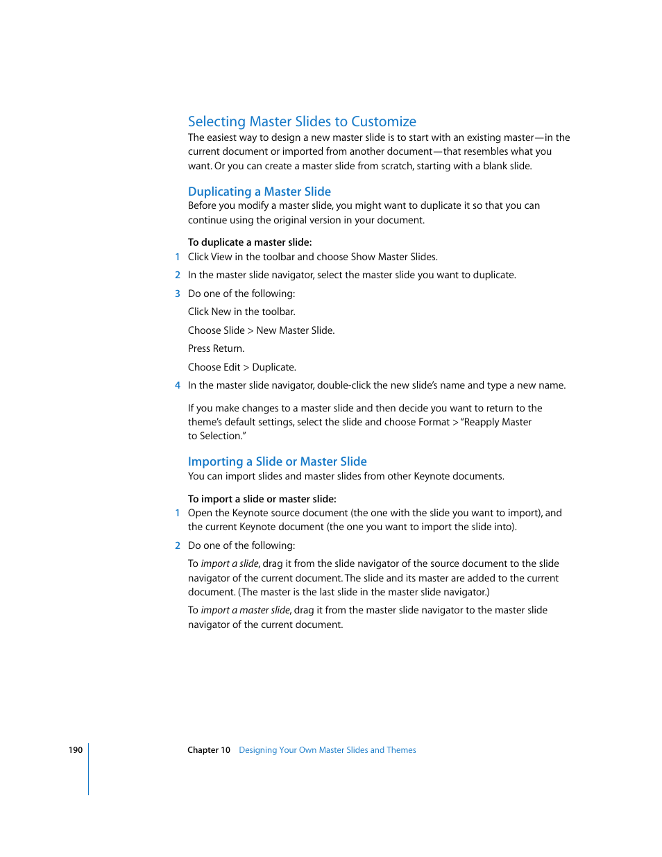 Selecting master slides to customize, Duplicating a master slide, Importing a slide or master slide | Apple Keynote '08 User Manual | Page 190 / 204