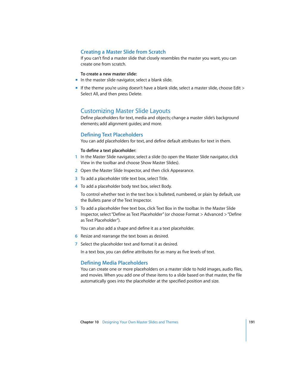 Creating a master slide from scratch, Customizing master slide layouts, Defining text placeholders | Defining media placeholders | Apple Keynote '08 User Manual | Page 191 / 204