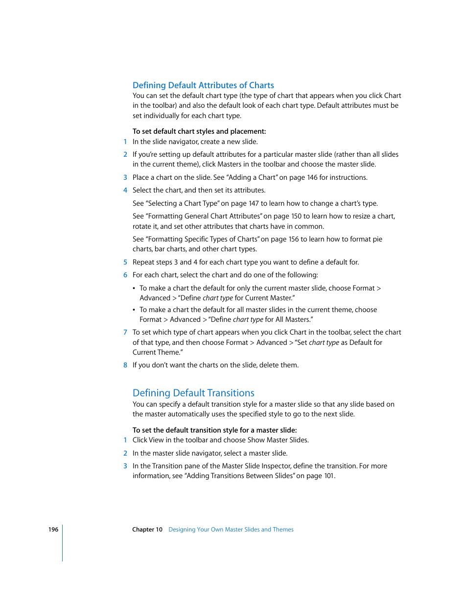 Defining default attributes of charts, Defining default transitions | Apple Keynote '08 User Manual | Page 196 / 204