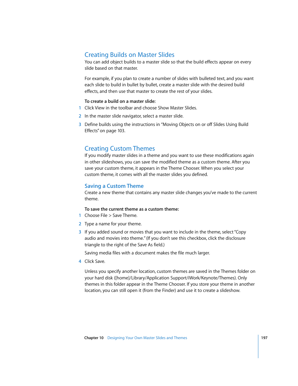 Creating builds on master slides, Creating custom themes, Saving a custom theme | Apple Keynote '08 User Manual | Page 197 / 204