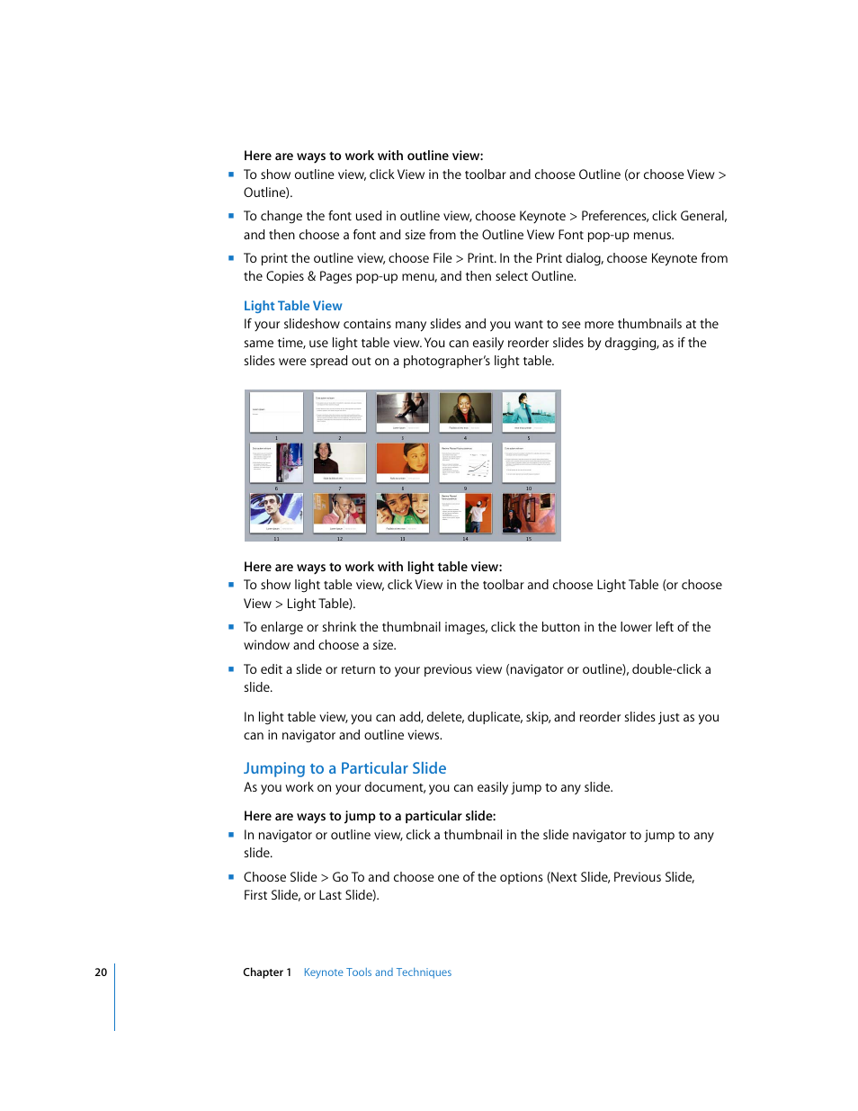 Light table view, Jumping to a particular slide | Apple Keynote '08 User Manual | Page 20 / 204